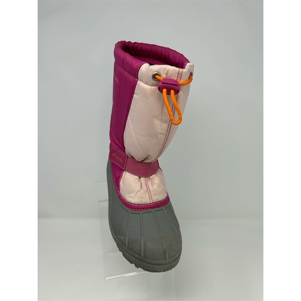 Columbia Powderbug Snowlite Kids Snow Boots Pink Gray Drawcord Strap Size 4 - Picture 2 of 11